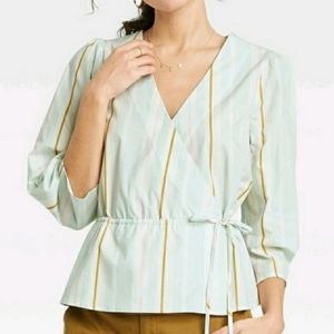 A New Day pastel stripe vneck puff sleeve blouse size medium